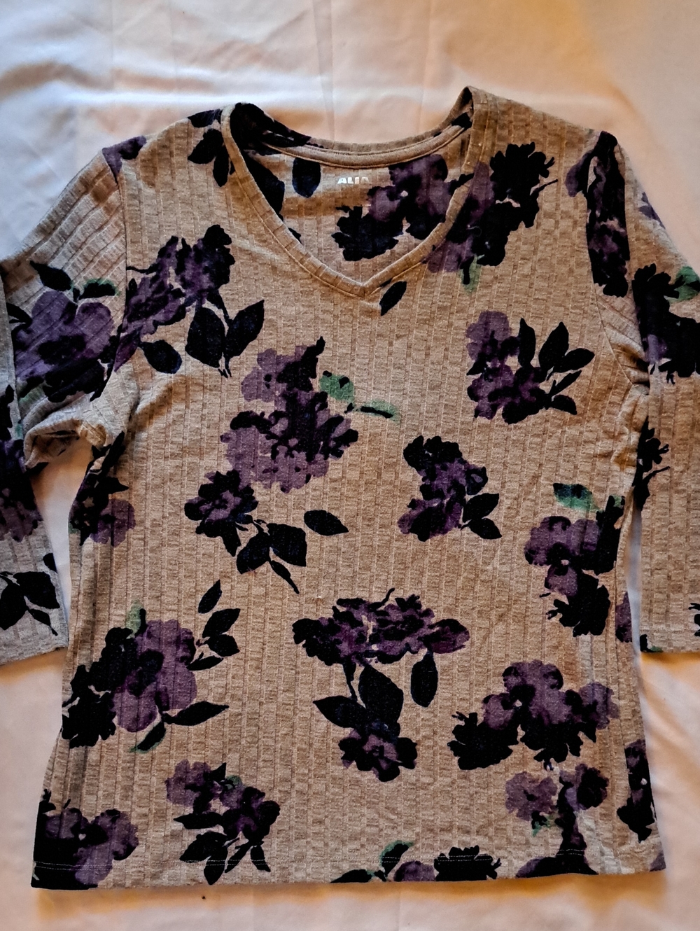 Alia Grey Long Sleeve V-Neck Top with Purple Floral Print